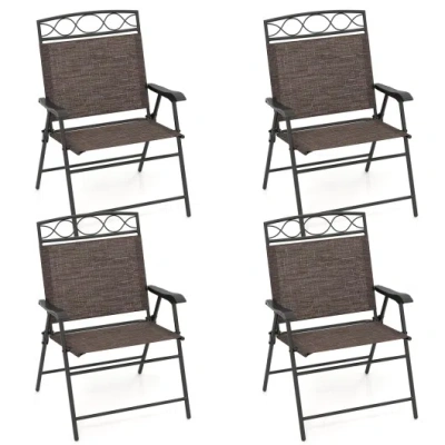 Costway Set Of 4 Patio Folding Chairs Set Dining Chairs With Armrests-brown