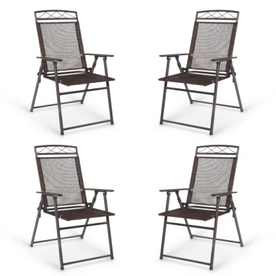 Costway Set Of 4 Patio Folding Sling Chairs Steel Camping Deck In Brown