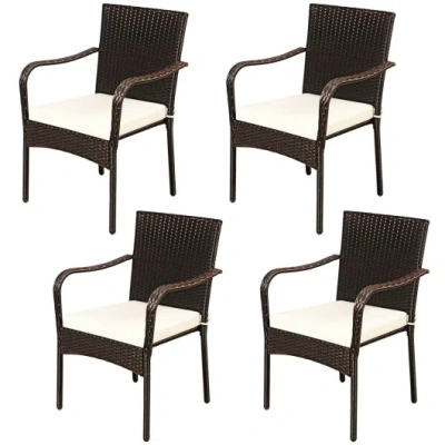 Costway Set Of 4 Patio Rattan Stackable Dining Chair With Cushioned Armrest For Garden In Black