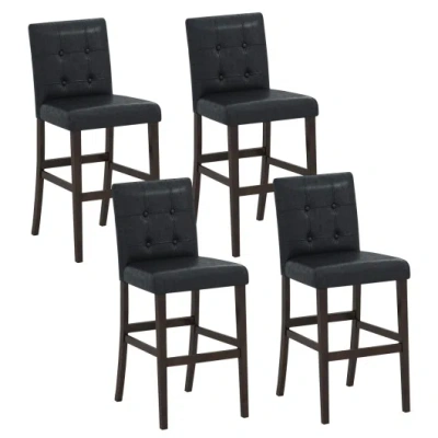 Costway Set Of 4 Pvc Dining Leather Bar Stools With Solid Wood Legs-24 Icnh In Black
