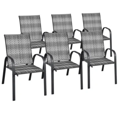 Costway Set Of 6 Outdoor Pe Wicker Stackable Chairs With Sturdy Steel Frame-gray