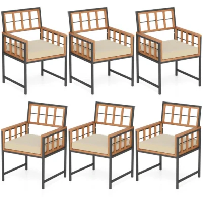 Costway Set Of 6 Patio Dining Chairs Acacia Wood Armchairs With Cushions In Brown