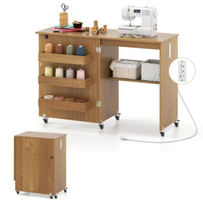Costway Sewing Machine Table With Charging Station And Lockable Casters-natural In Brown