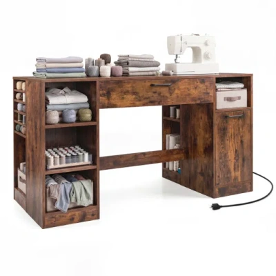 Costway Sewing Table With Power Outlets Craft Station Desk With 2 Drawers Open Compartments-rustic Brown