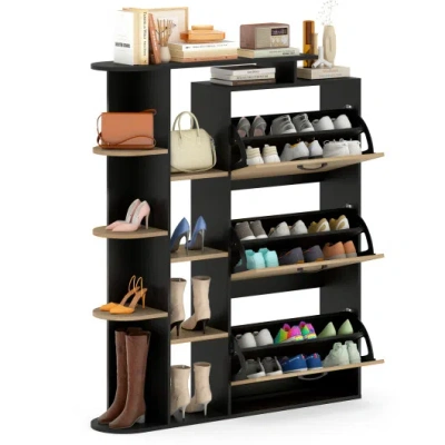 Costway Shoe Cabinet With Open Shelves Modern Shoe Organizer With 3 Flip Drawers-black In Brown