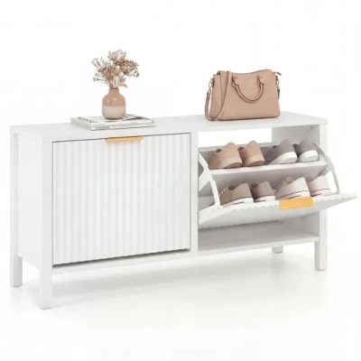 Costway Shoe Storage Bench Narrow Wooden Entryway Bench With 2 Flip Drawers-white