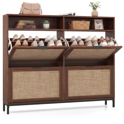 Costway Shoe Storage Cabinet With 4 Flip Drawers Narrow Freestanding Shoe Organizer With Adjustable Shelves- In Brown
