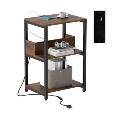 Costway Side End Table With Charging Station And Open Shelves-rustic Brown In Animal Print