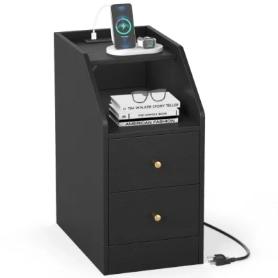 Costway Side End Table With Charging Station Sofa Couch Table With Shelf Drawers-black