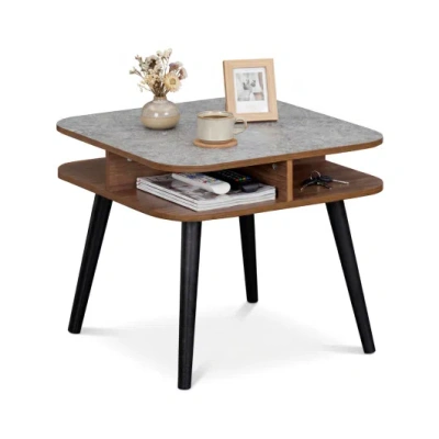 Costway Side Table Faux Marble End Table With Storage Shelves And Rubber Wood Legs-walnut In Brown