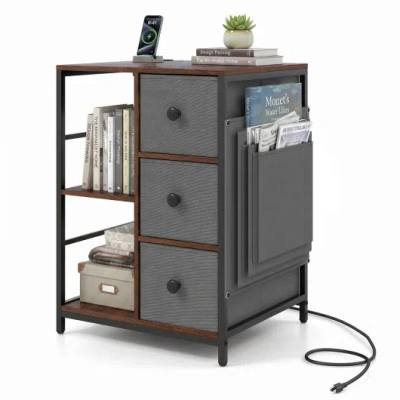 Costway Side Table With Charging Station Industrial Nightstand With Open Shelves-rustic Brown In Gray