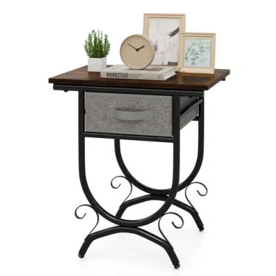 Costway Side Table With Fabric Drawer And Carved Metal Frame For Living Room In Brown
