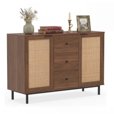 Costway Sideboard Buffet Cabinet Rustic Farmhouse Coffee Bar Table With 2 Rattan Doors And 3 Drawers-brown