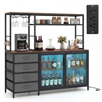 Costway Sideboard Buffet Cabinet With Led Lights 55 Inch Coffee Table With Power Outlets-rustic Brown In Multi