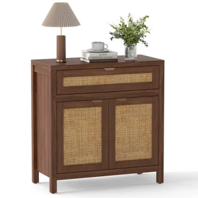 Costway Sideboard Storage Cabinet With Rattan Doors And Drawer-brown