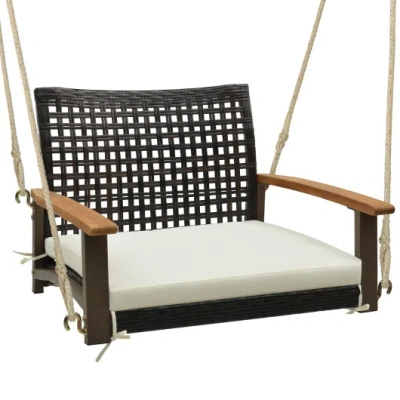 Costway Single Rattan Porch Swing With Armrests Cushion And Hanging Ropes-white In Black