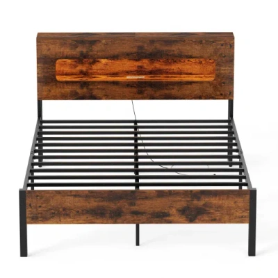 Costway Slatted Full Bed Frame With Led Lights And Storage Headboard No Box Spring Needed-full Size In Brown