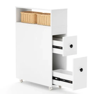 Costway Slim Bathroom Cabinet Wooden Toilet Organizer With Deep Slide Out Drawers In White