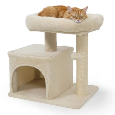 Costway Small Cat Tree With Large Padded Plush Perch For Indoor Cats-beige In Neutral