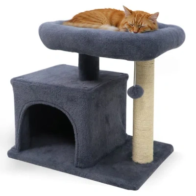 Costway Small Cat Tree With Large Padded Plush Perch For Indoor Cats-dark Gray In Blue