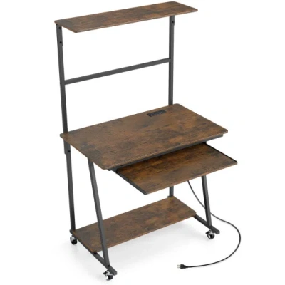 Costway Small Computer Desk With Charging Station And Led Lights And Wheels-rustic Brown