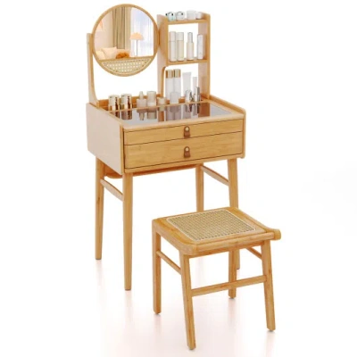 Costway Small Vanity Desk And Stool Set With Mirror And 2 Drawers In Brown