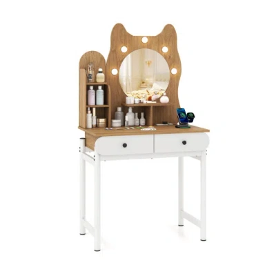 Costway Small Vanity Desk With Mirror And Lights Cute Kitty Makeup Table With Power Outlets-natural In White