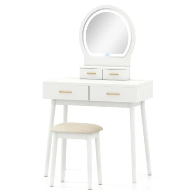 Costway Small Vanity Makeup Dressing Table Set With Cushioned Stool And Led Lighted Mirror-white