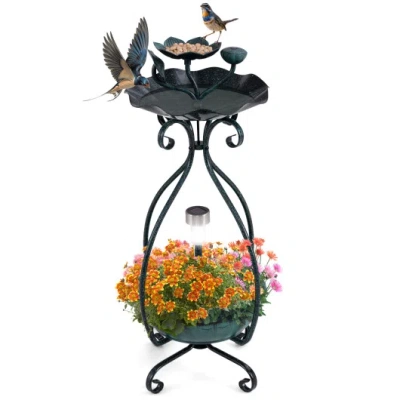 Costway Solar Outdoor Bird Bath Feeder Combo With Flower Planter Pedestal And Solar Lights-bronze In Multi