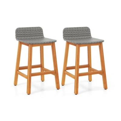 Costway Solid Acacia Wood Bar Stools Set Of 2 With Backrests And Footrests For Porch-gray In Multi