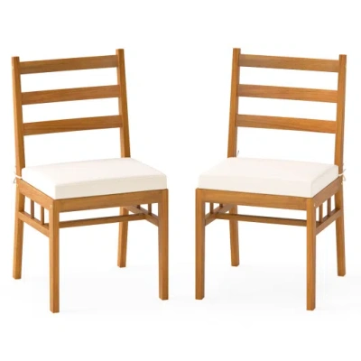 Costway Solid Acacia Wood Patio Chair Set Of 2 Armless Chair-white In Brown