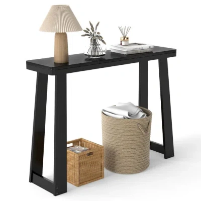Costway Solid Rubber Wood Console Table 43inch Narrow Entryway Table With Thick Tabletop And Stable Base-bla In Black