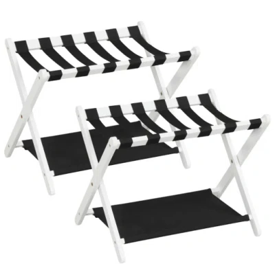 Costway Solid Rubberwood Folding Luggage Rack With Nylon Shelves Set Of 2-white In Black