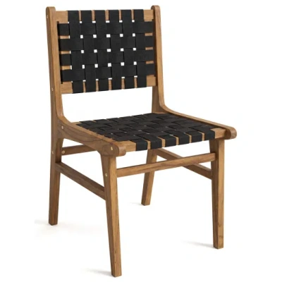 Costway Solid Teak Hand-woven Strap Outdoor Dining Chair With Flex Support For Deck Garden In Brown