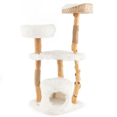 Costway Solid Wood Cat Tower With Top Cattail Basket Cat Bed For Indoor Cats-white