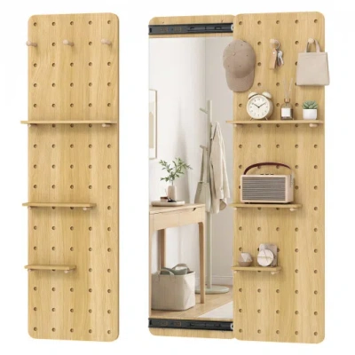 Costway Solid Wood Full Length Mirror With Pegboard & Shelves And Hooks For Entryway-natural In Gold