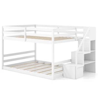 Costway Solid Wood Full Over Full Low Bunk Bed With Storage Stairs-white
