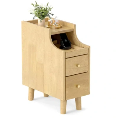 Costway Solid Wood Night Side Table Narrow Bedside Table Nightstand With Pull-out Tray And 2 Storage Drawers In Brown
