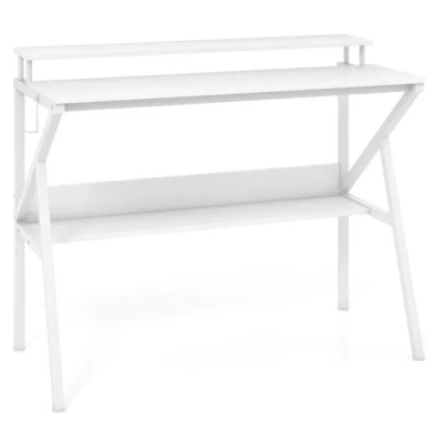 Costway Space Saving Computer Desk With Monitor Stand And Extra Storage Shelf For Work Study-white