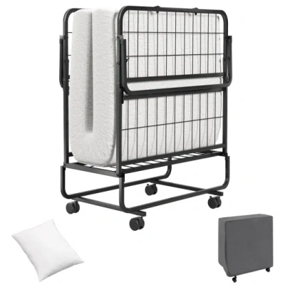Costway Space-saving Narrow Twin Rollaway Bed With Pillow And Side Organizer Pocket In Gray