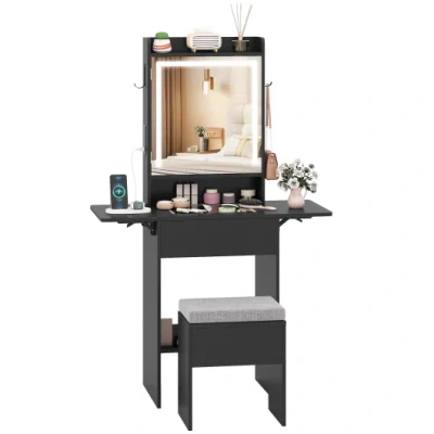 Costway Space-saving Vanity Desk With Mirror And Lights For Bedroom-black In Multi
