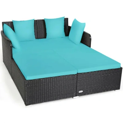 Costway Spacious Outdoor Rattan Daybed With Upholstered Cushions And Pillows-turquoise In Blue