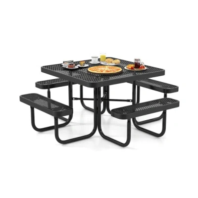 Costway Square Picnic Table And Bench For 8 Person With Seats And Umbrella Hole-black
