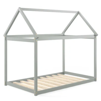 Costway Stable Kids Platform Floor Bed With Roof And Heavy-duty Slats-gray In Multi