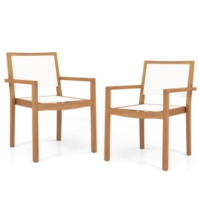 Costway Stackable Outdoor Dining Chair Set Of 2 With Acacia Wood Frame In Brown