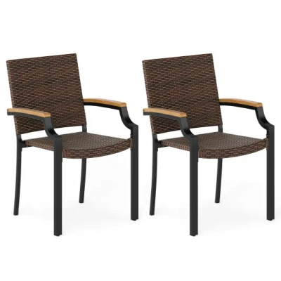 Costway Stacking Wicker Chairs Set Of 2 Patio Rattan Dining Chairs With Acacia Wood Armrests In Brown