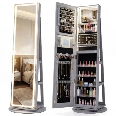 Costway Standing Jewelry Cabinet With Adjustable Led Lights-gray In Multi