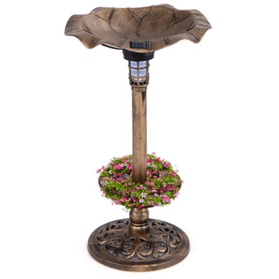 Costway Standing Pedestal Birdbath And Feeder Combo With Lotus Leaf Bowl-bronze In Brown