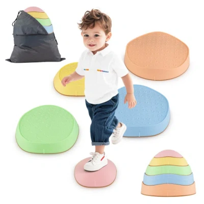 Costway Stepping Stones For Kids 5 Pcs Non-slip Balance Stones With Storage Bag-macaron In Multi