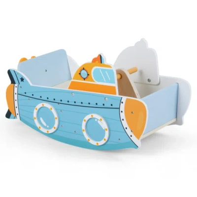 Costway Submarine Wooden Climbing Toy With Rotating Propeller And Rocking Climber In Blue